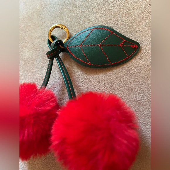 Cherry Pom Pom Keychain or Bag Charm with Leaf Accent NWOT - Picture 2 of 3